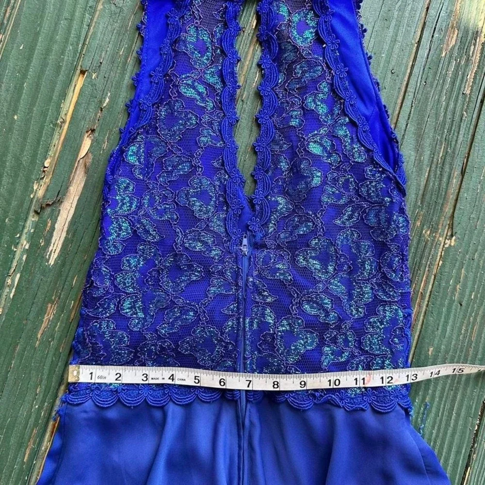 Sherri Hill‎ Royal Blue Lace Keyhole Cocktail Dress Shimmer Crochet Waist